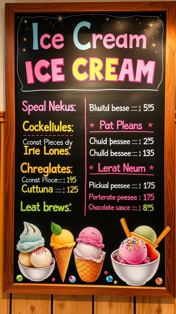 An ice cream menu on a chalkboard with various flavors and toppings, designed to attract customers.